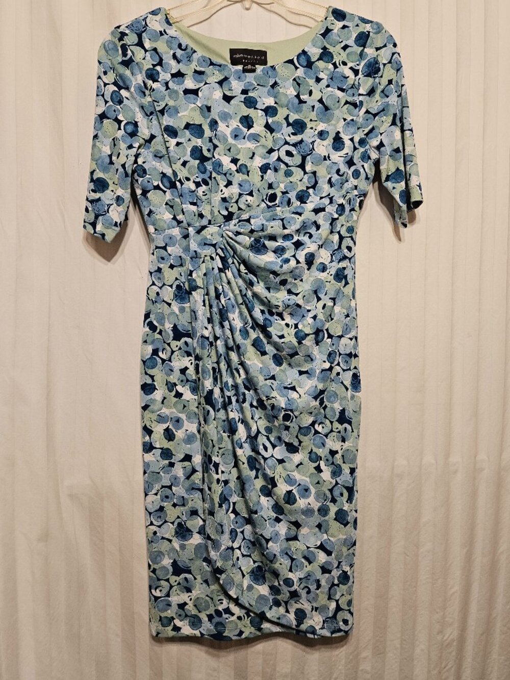 Connected Apparel blue abstract geometric faux-wrap sheath dress